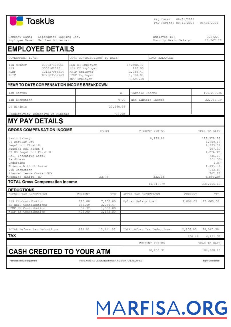 Blank TaskUs LizardBear Tasking earnings sample